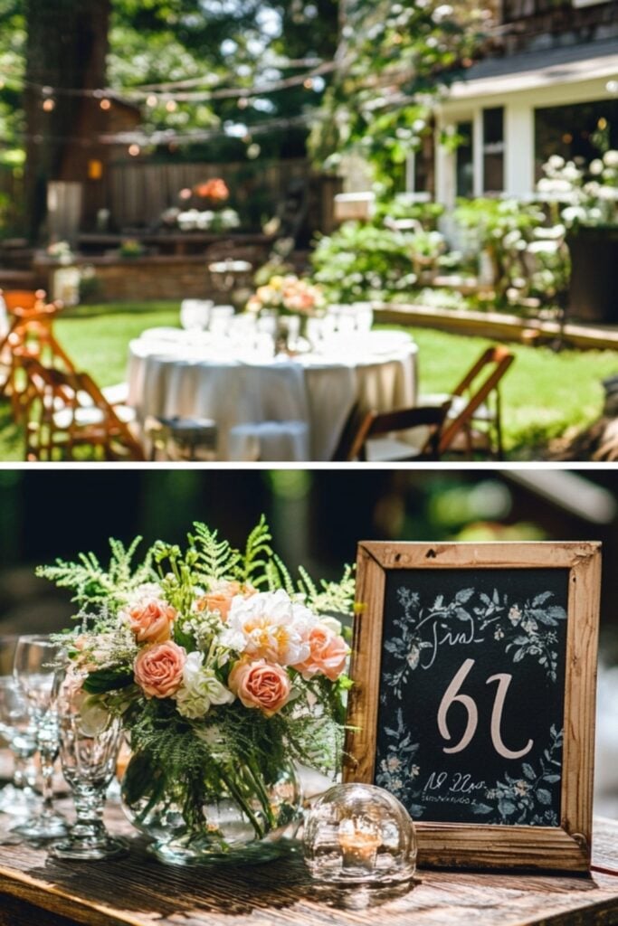 A simple yet elegant backyard wedding featuring DIY floral centerpieces, borrowed furniture, and handmade signage for a personal touch.