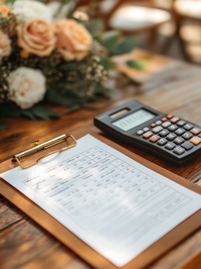 A clipboard with a wedding budget plan and calculator on a wooden table, with wedding décor items in the background, emphasizing cost-conscious planning for a backyard wedding.