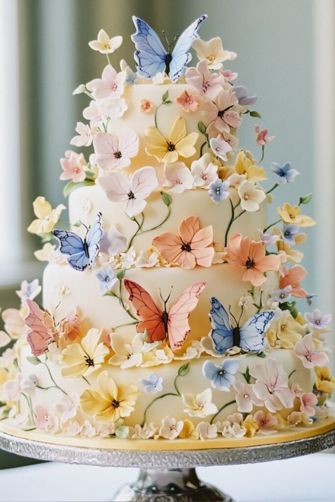 A whimsical wedding cake decorated with edible butterflies and sugar flowers on pastel frosting, evoking the charm of a spring garden.