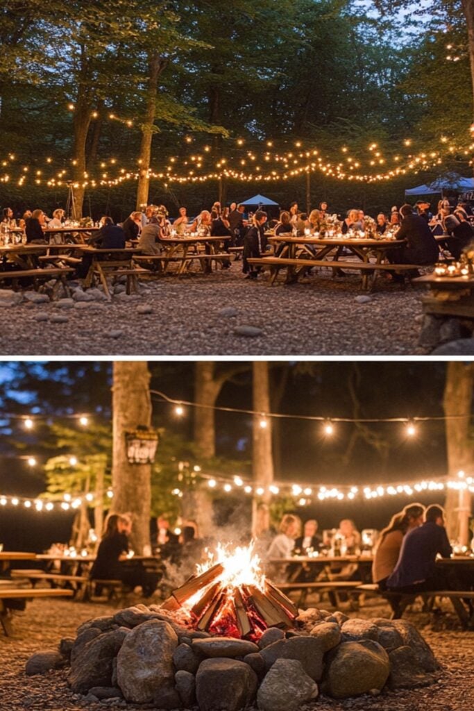 A cozy campfire reception in a wooded area with string lights, picnic tables, fire pits, and guests roasting s'mores under the stars.