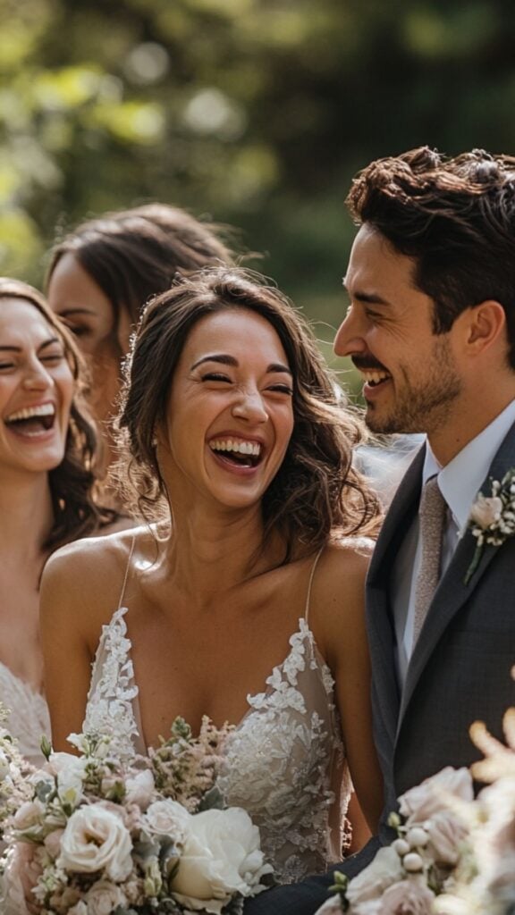 A bride and groom laughing together during their wedding, surrounded by the bridal party, capturing a moment of joy and spontaneity.