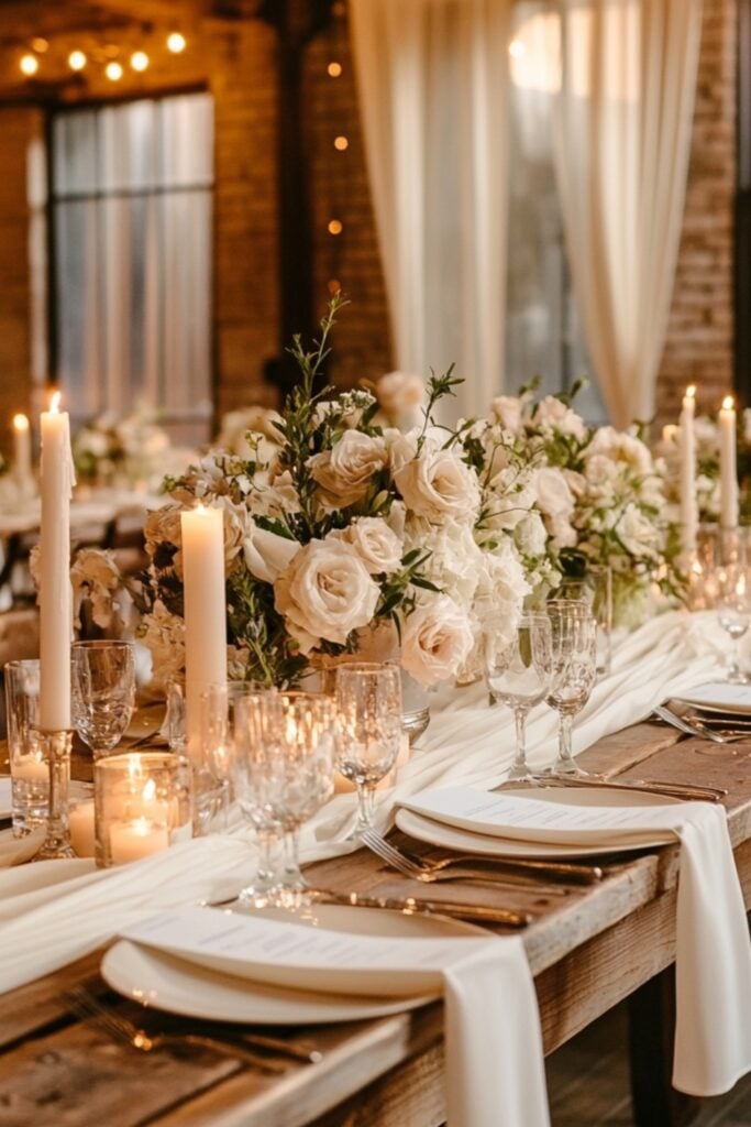Long dining tables set with flowing white table runners, votive candles, and floral arrangements, creating a warm and romantic ambiance.