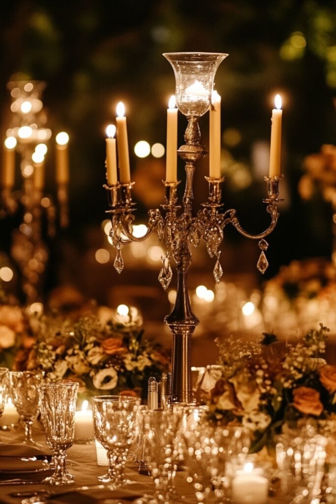 A romantic wedding venue illuminated by soft candlelight with candelabras and hurricane lamps creating an intimate glow.
