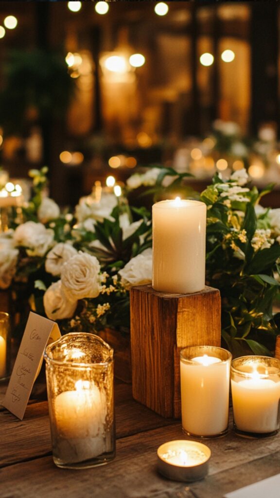 A rustic wedding reception table decorated with pillar candles in wooden holders, casting a romantic and intimate glow.
