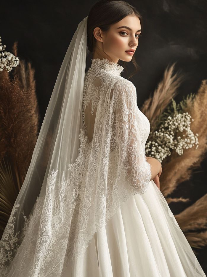 A wedding dress featuring a dramatic cape that flows behind the bride, offering a regal, sophisticated look. The cape adds elegance to the gown, transforming the traditional bridal veil into a bold statement piece. Often sheer or adorned with lace, this trend provides an alternative to veils while enhancing the bride's overall bridal ensemble.