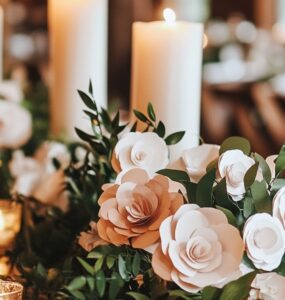 A beautifully decorated wedding table featuring affordable decorations like candles, paper flowers, and greenery, capturing a romantic and elegant atmosphere.