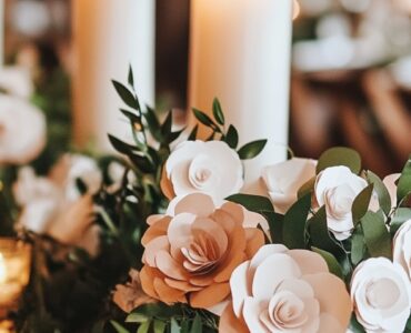 A beautifully decorated wedding table featuring affordable decorations like candles, paper flowers, and greenery, capturing a romantic and elegant atmosphere.