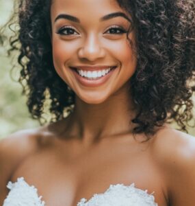 A happy bride wearing a simple yet elegant wedding dress, smiling and holding a bouquet, symbolizing affordable options for brides.