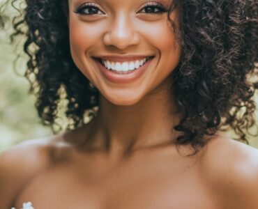 A happy bride wearing a simple yet elegant wedding dress, smiling and holding a bouquet, symbolizing affordable options for brides.