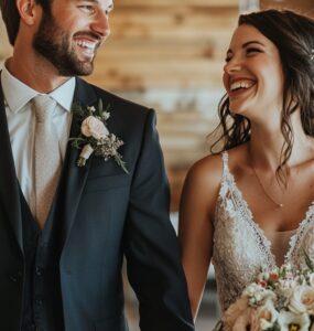 A bride and groom holding hands and smiling in a beautifully decorated but modest wedding venue, showcasing budget-friendly yet stylish details like simple floral arrangements and DIY decor.