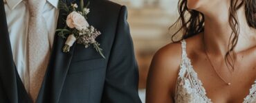A bride and groom holding hands and smiling in a beautifully decorated but modest wedding venue, showcasing budget-friendly yet stylish details like simple floral arrangements and DIY decor.