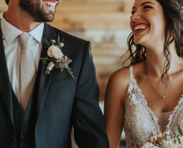 A bride and groom holding hands and smiling in a beautifully decorated but modest wedding venue, showcasing budget-friendly yet stylish details like simple floral arrangements and DIY decor.