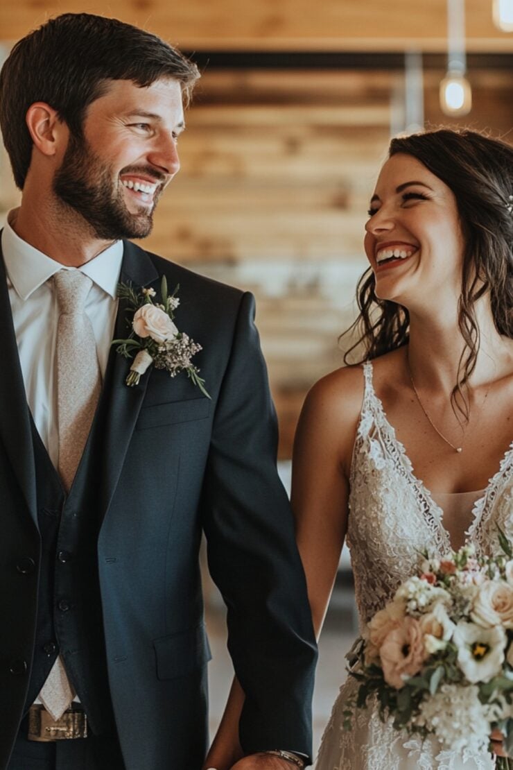 A bride and groom holding hands and smiling in a beautifully decorated but modest wedding venue, showcasing budget-friendly yet stylish details like simple floral arrangements and DIY decor.