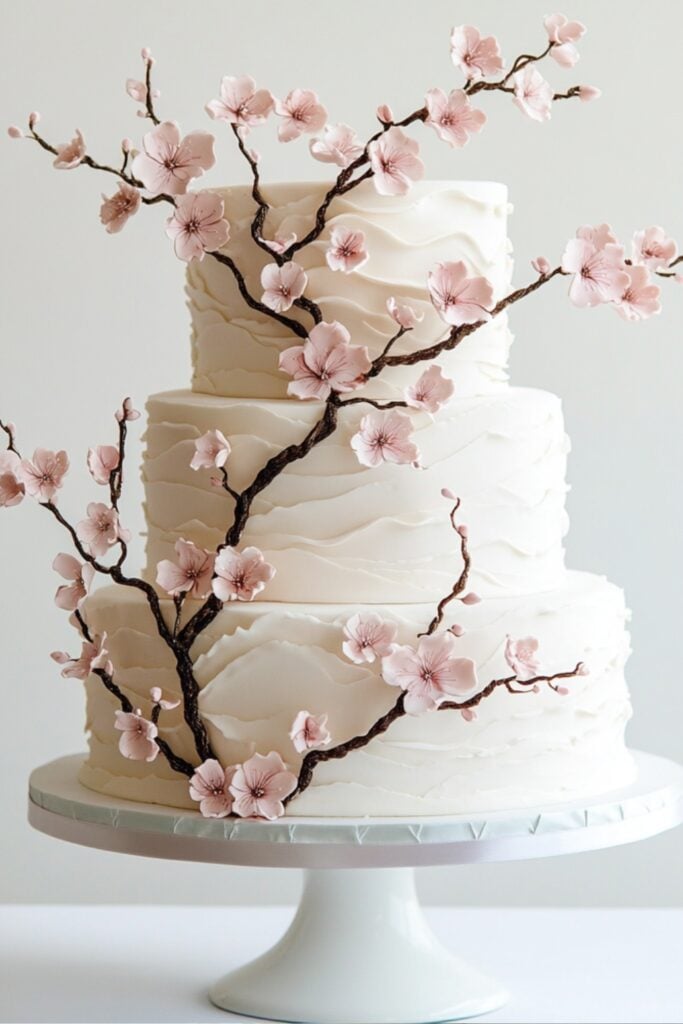 A wedding cake with delicate cherry blossom sugar branches in soft pink hues on a minimalist white frosting, symbolizing the beauty of spring.