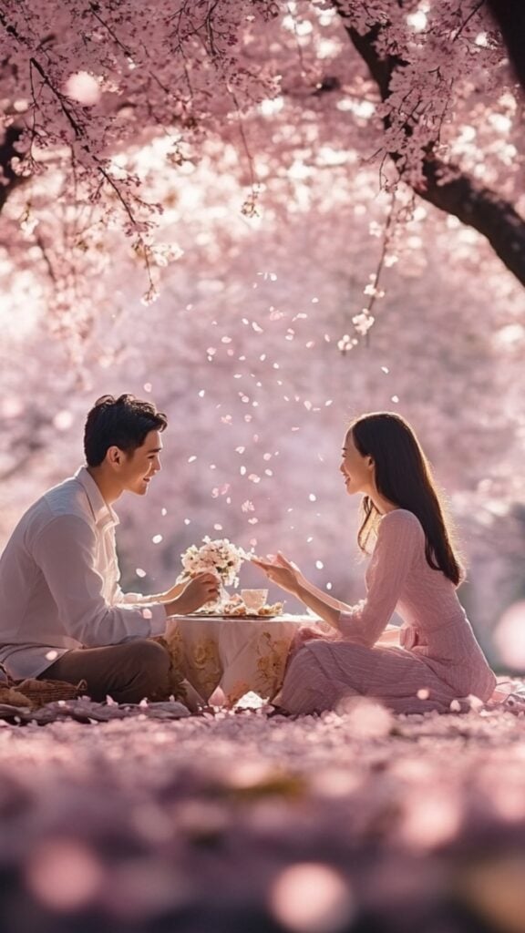 A couple enjoying a romantic picnic under a canopy of cherry blossoms, with petals falling around them as one proposes to the other.