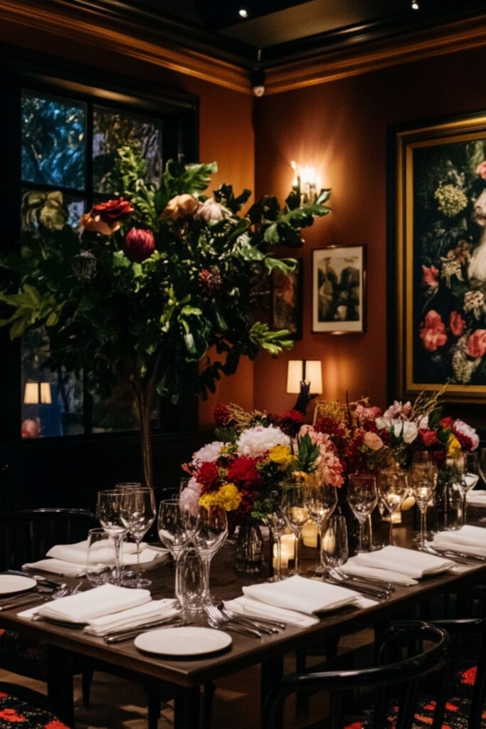 A private dining room elegantly decorated with custom centerpieces, intimate seating, and a curated menu served to happy guests.