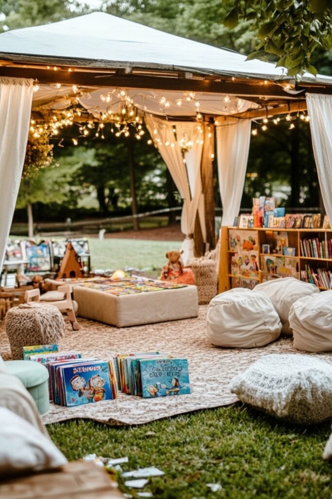A play area at a backyard wedding with games, coloring books, and a cozy seating corner for families with young children.