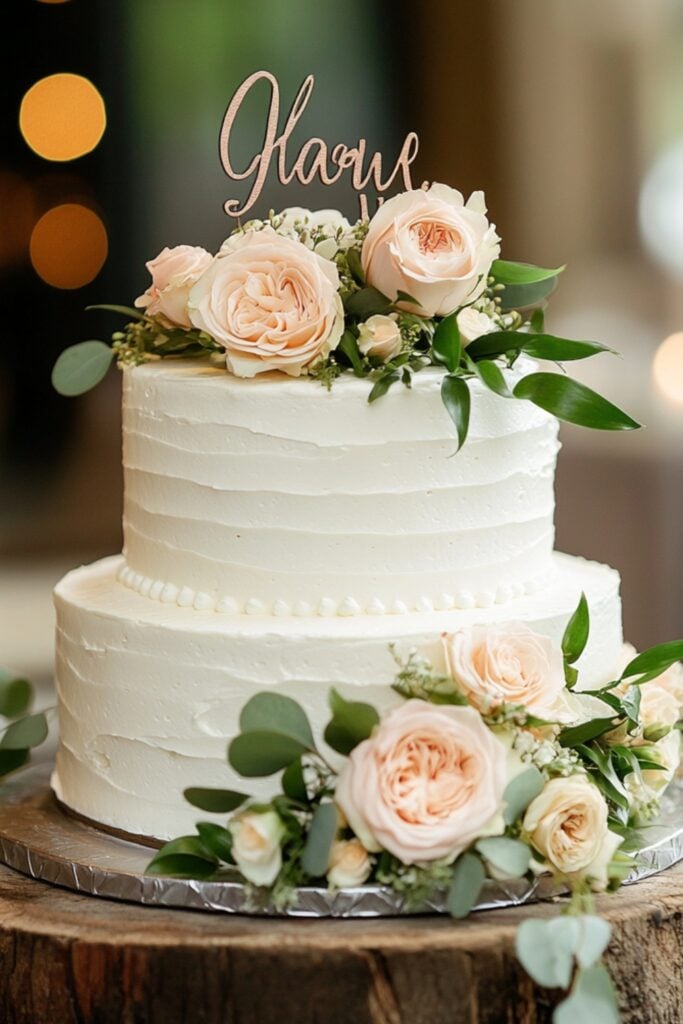 A single-tier wedding cake decorated with fresh flowers and a personalized topper, displayed on a rustic table.