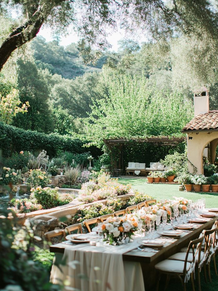 A serene backyard with lush greenery, flowers, and an ideal spot for a wedding reception setup, showcasing a beautiful garden and natural surroundings.