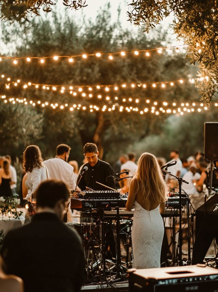 A live band or DJ playing music at an outdoor wedding reception, with guests enjoying the music and dancing under string lights.
