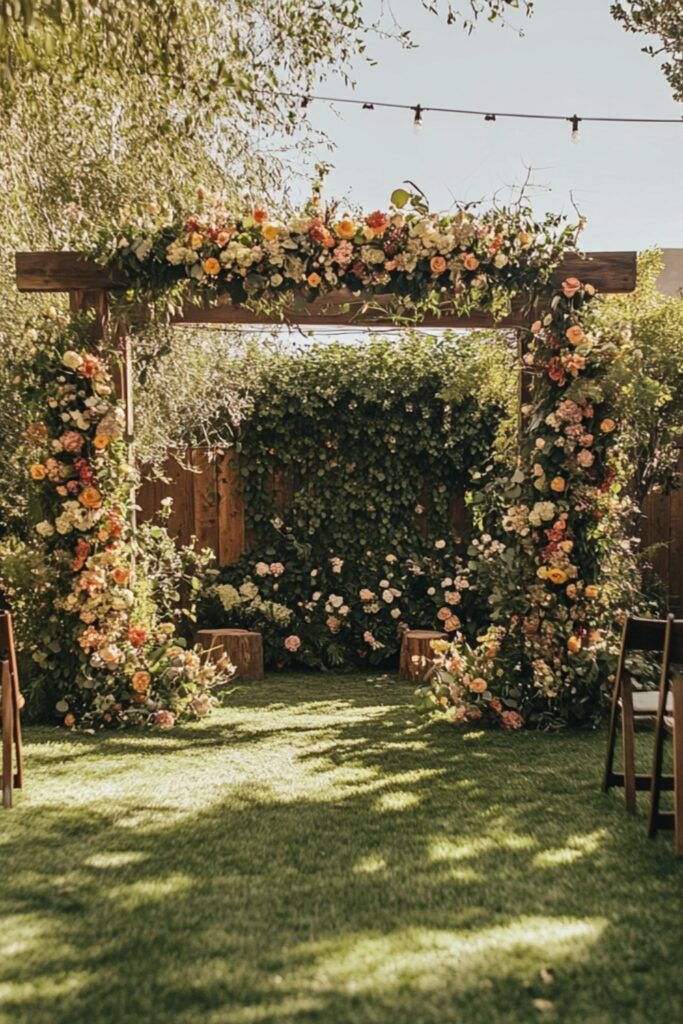 A spacious backyard featuring lush greenery and a wooden arch decorated with flowers, set up for a wedding ceremony with guest seating.