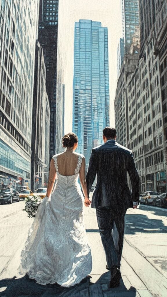 A bride and groom walking through a bustling city street, with sleek skyscrapers and urban energy in the background.