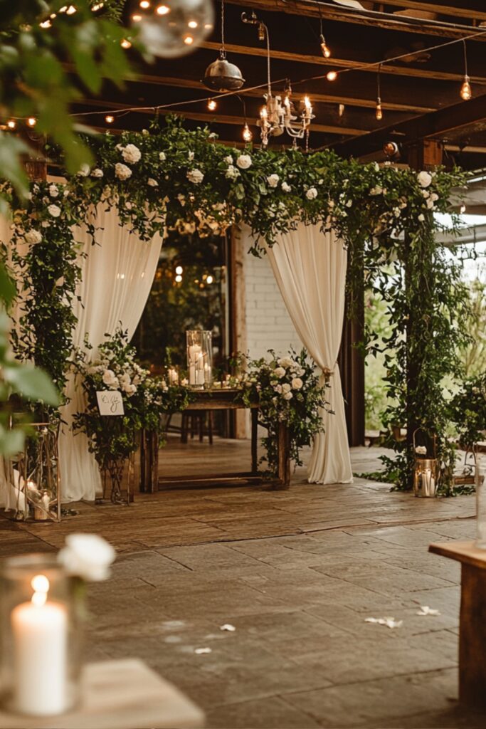 A charming civil ceremony with rustic décor including neutral-toned floral arrangements, twine-wrapped candles, greenery garlands, and vintage wooden furniture.