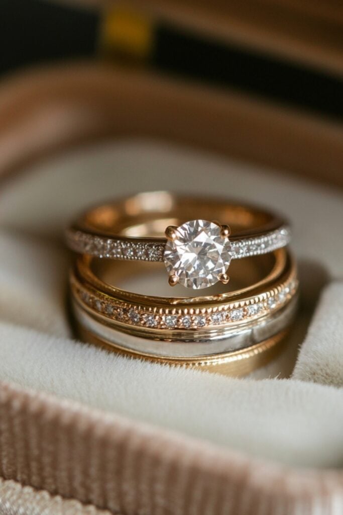 Close-up image of a wedding ring stack featuring a diamond eternity band, a plain gold wedding band, and a solitaire engagement ring, creating a timeless and elegant look.