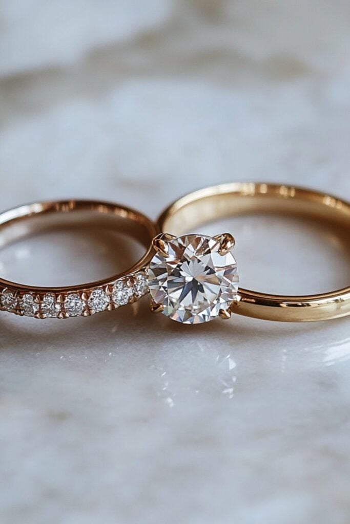 A sleek engagement ring paired with a diamond-paved wedding band and a plain gold band, arranged neatly on a marble surface, exuding timeless sophistication.