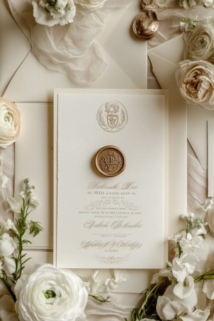 Elegant letterpress wedding invitations with soft calligraphy, wax seals, and family crests on high-quality cardstock in neutral tones.