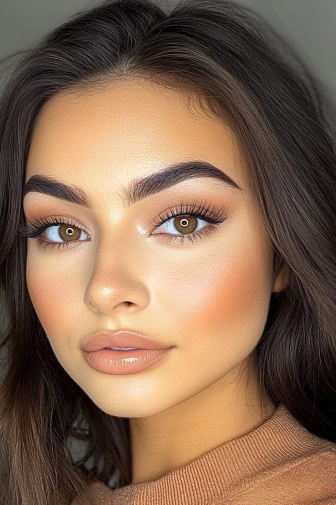 Image of a woman with natural-looking nude makeup featuring beige-toned eyeshadow, soft eyeliner, brown mascara, and a subtle nude lipstick for an understated vibe.