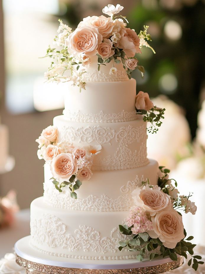 A multi-tiered classic wedding cake with smooth fondant, intricate piping details, and soft floral accents, embodying timeless elegance.