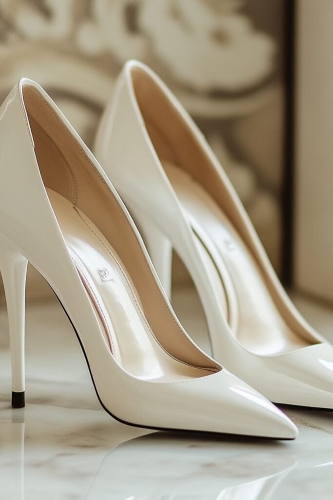 Image of elegant white stiletto heels with a sleek design, perfect for complementing a bride's wedding gown and adding sophistication.