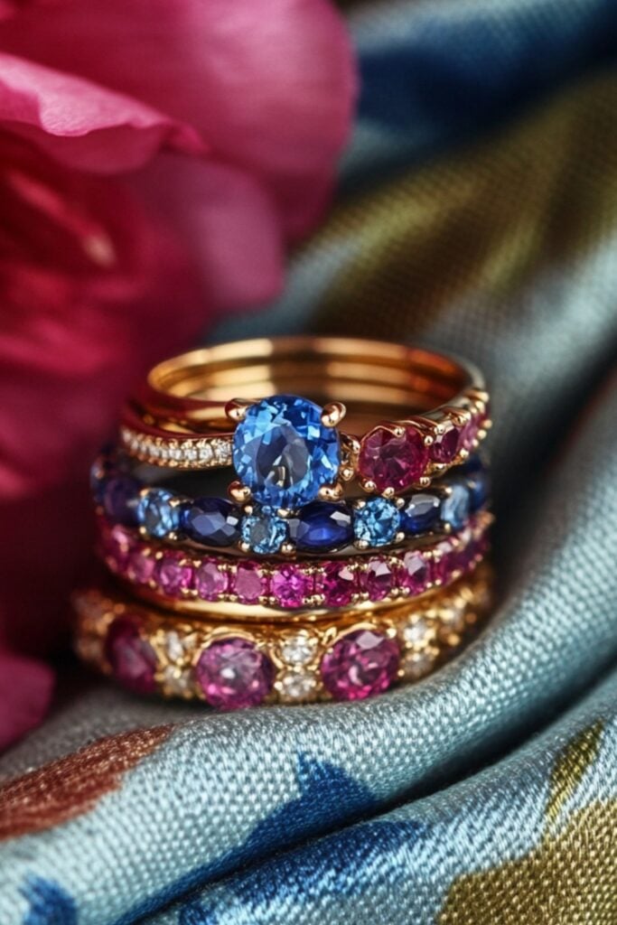 A vibrant ring stack with bands featuring sapphire, ruby, and aquamarine gemstones, arranged playfully on a colorful fabric for a lively vibe.