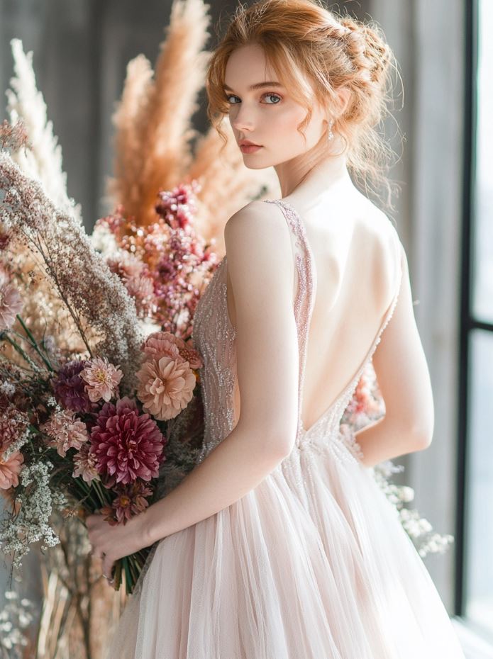 A non-traditional wedding dress in vibrant shades like blush, champagne, or even bold hues like emerald green and lavender. This gown offers a unique, personalized bridal look that showcases individuality, moving away from classic white to add a playful and stylish element to the wedding day.