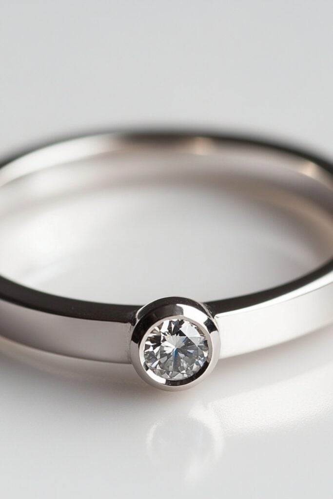 A minimalist wedding ring with a sleek white gold band and a small bezel-set diamond, exuding modern sophistication.