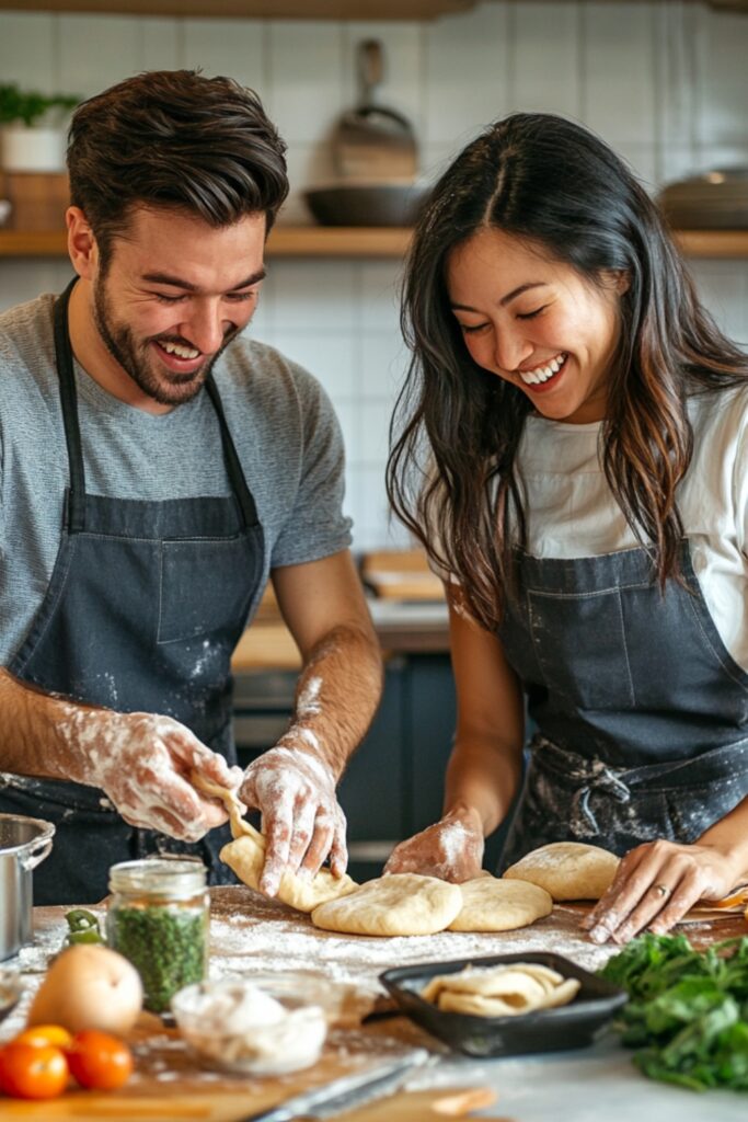 A couple wearing aprons, laughing while rolling out dough on a kitchen counter surrounded by fresh ingredients and utensils.