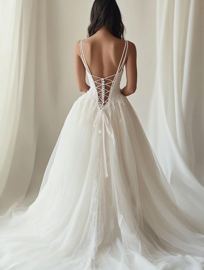 A wedding dress with a dramatic high slit, paired with sleek A-line or mermaid silhouettes. The gown showcases boldness and elegance, allowing for movement and highlighting statement heels. The design blends modern style with romantic details like lace or chiffon, creating a refined, chic bridal look.