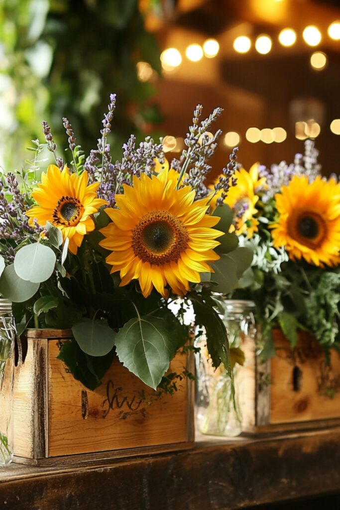 Rustic floral decorations featuring mason jars filled with sunflowers, wooden boxes with lavender, and hanging greenery garlands for a natural and charming touch.