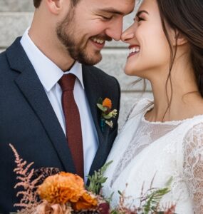 A newlywed couple shares a joyful moment on the courthouse steps, the bride holding a bouquet while the groom lovingly looks at her, highlighting simplicity and timeless style.