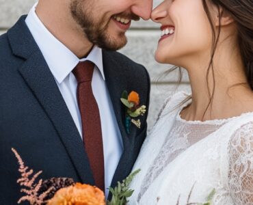 A newlywed couple shares a joyful moment on the courthouse steps, the bride holding a bouquet while the groom lovingly looks at her, highlighting simplicity and timeless style.
