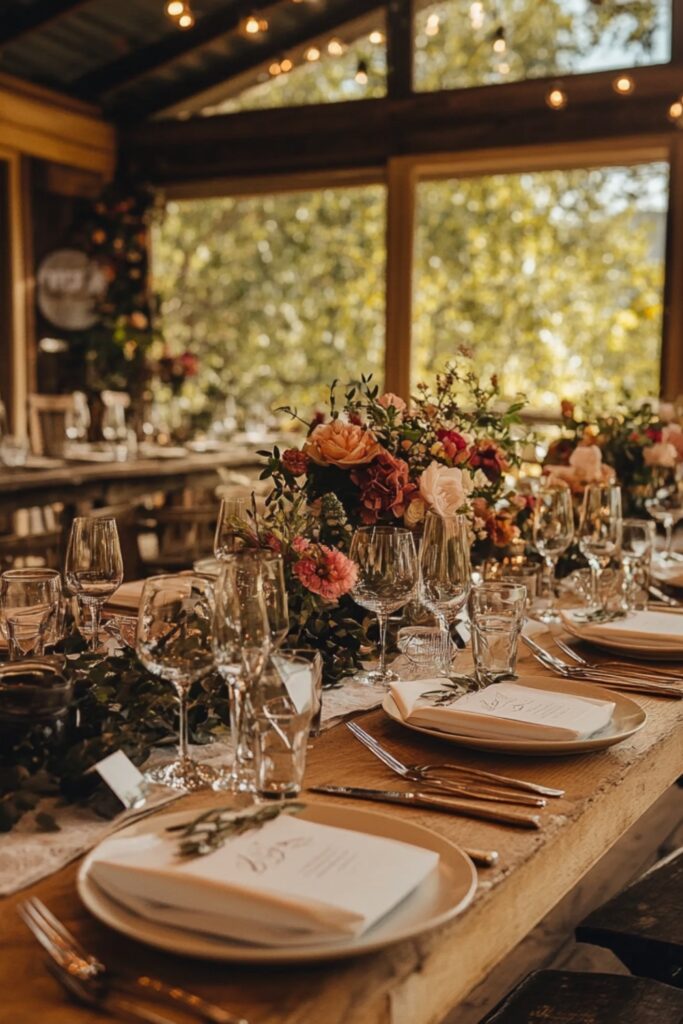 A scenic Airbnb reception setup with a private chef, custom decorations, and a group of close family and friends celebrating.