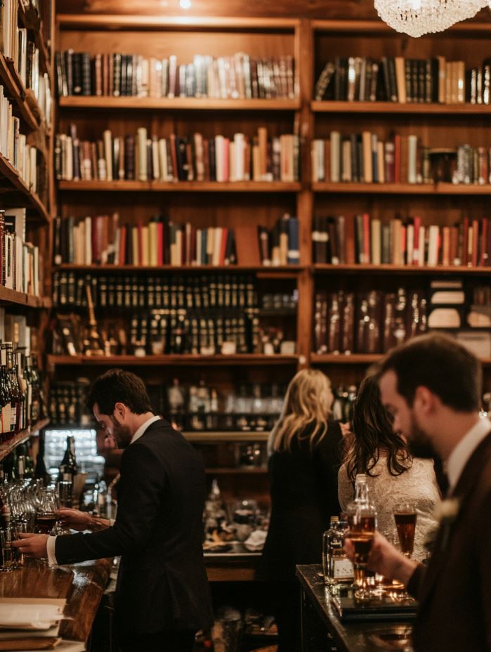Intimate library wedding reception with shelves of books, cozy lighting, and guests sipping drinks while exploring literary-themed décor.
