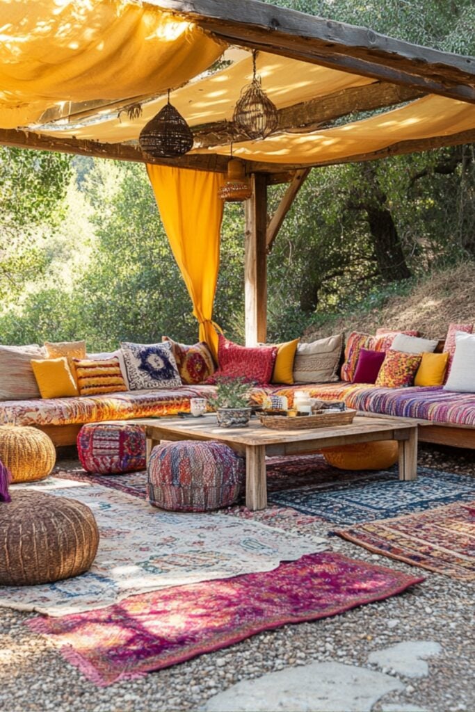 Cozy outdoor lounge area with vintage furniture, colorful throw pillows, rugs, and blankets arranged under a canopy.