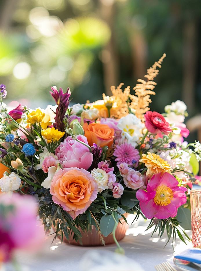 A vibrant floral arrangement with colorful blooms and greenery, decorating a wedding reception table and adding natural beauty to the backyard.