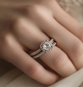 Stylized image of a bride’s hand with a ring stack featuring layered wedding bands and an engagement ring, symbolizing personal style and love.