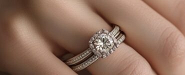 Stylized image of a bride’s hand with a ring stack featuring layered wedding bands and an engagement ring, symbolizing personal style and love.