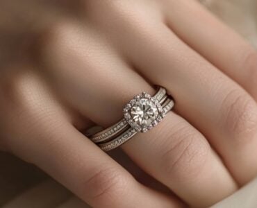 Stylized image of a bride’s hand with a ring stack featuring layered wedding bands and an engagement ring, symbolizing personal style and love.