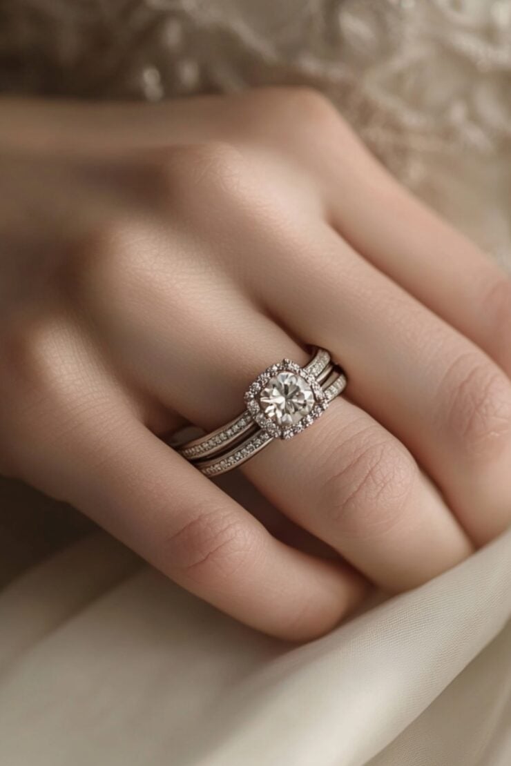 Stylized image of a bride’s hand with a ring stack featuring layered wedding bands and an engagement ring, symbolizing personal style and love.