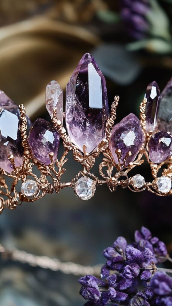 A delicate Viking bridal crown embedded with quartz and amethyst crystals, radiating wisdom and spiritual alignment, perfect for a mystical wedding ceremony.